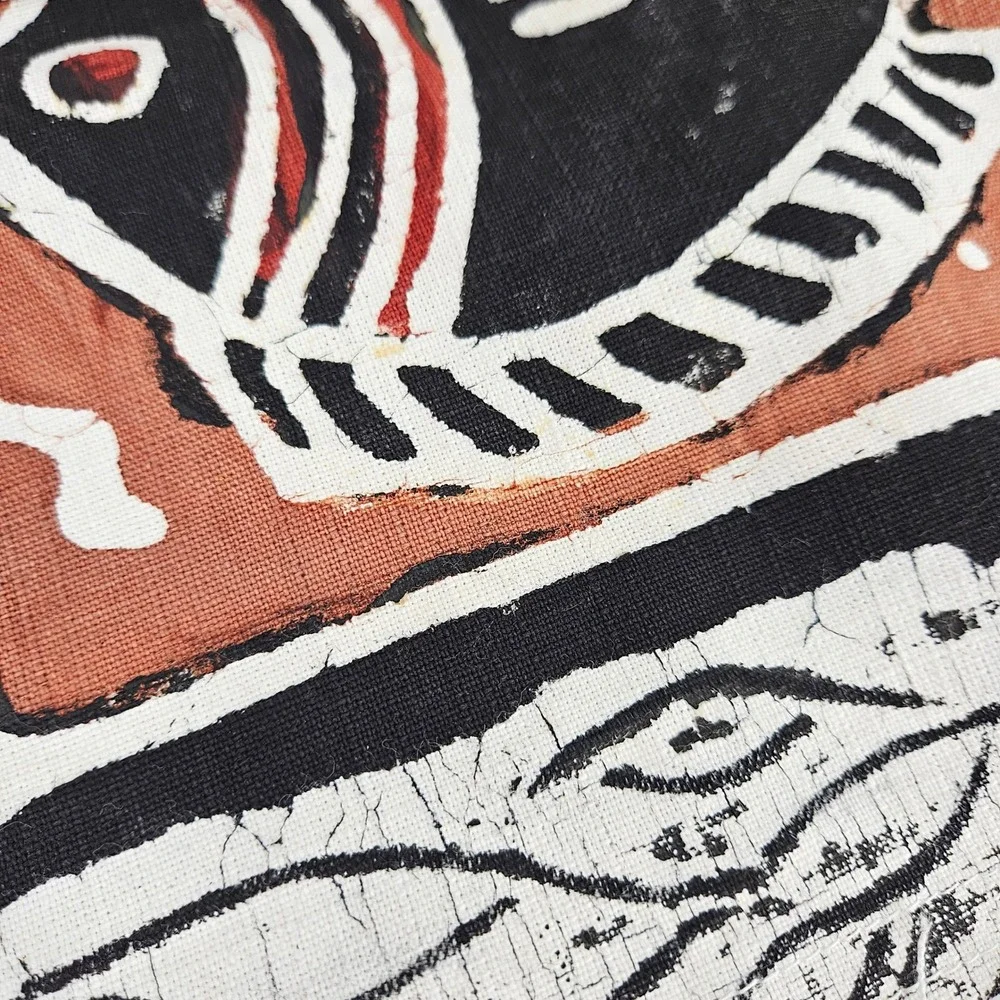 Vintage African Painted? Fabric Panels Set of 5 Guinea Fowl Lizard Abstract Art